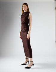 Brown Sleeveless High-Neck Ruched Midi Bodycon Dress