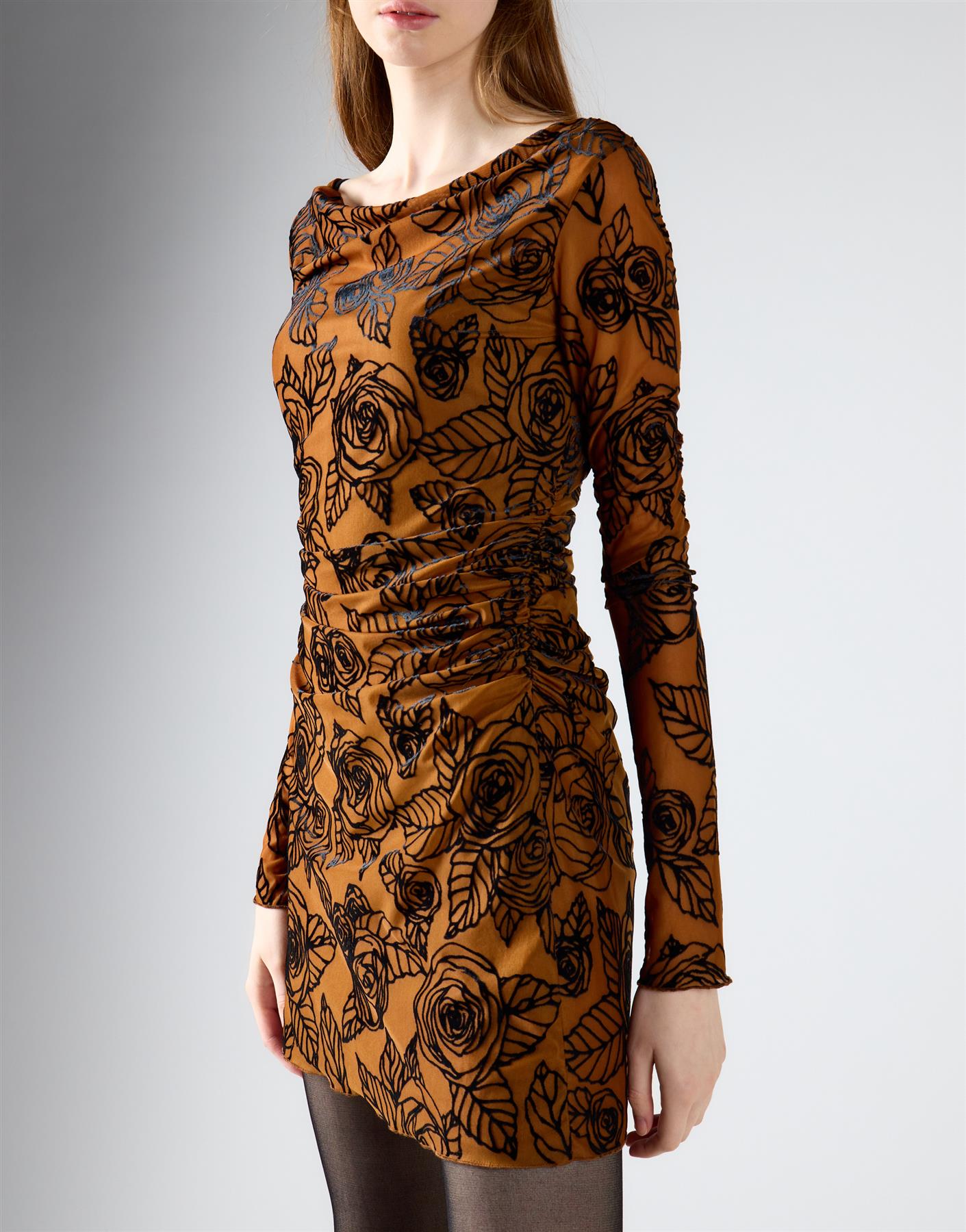 Rust Rose Mesh Long Sleeve Mini Dress