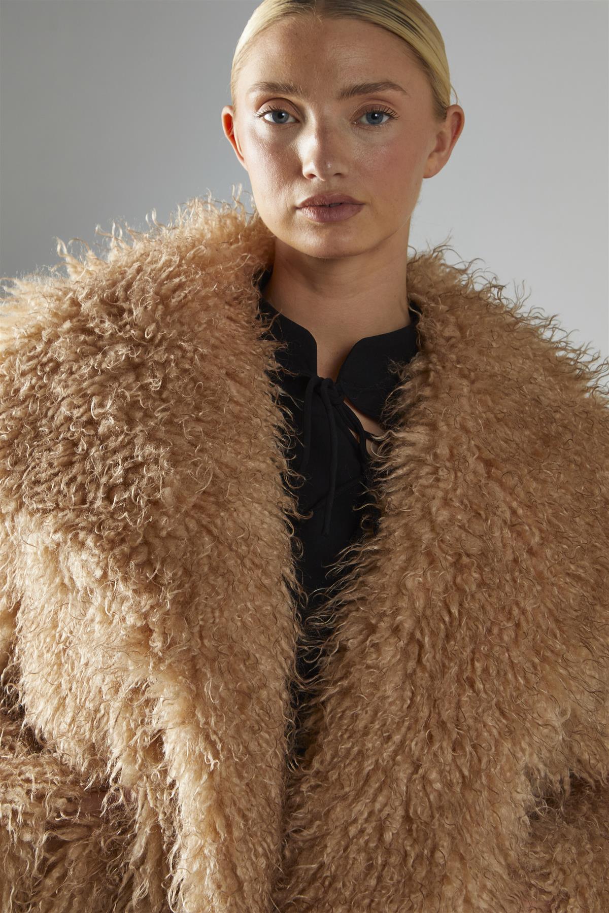 Caramel Oversized-Collar Faux- Fur Coat