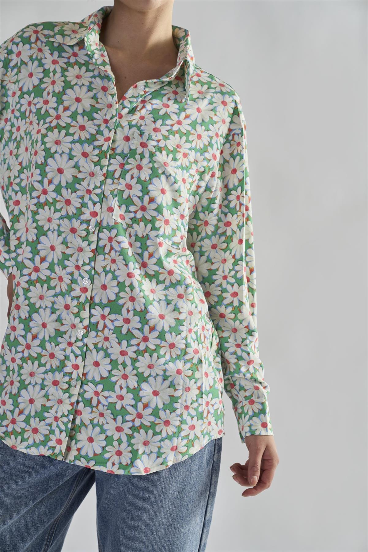 Green Daisy Collared Long Sleeve Tops