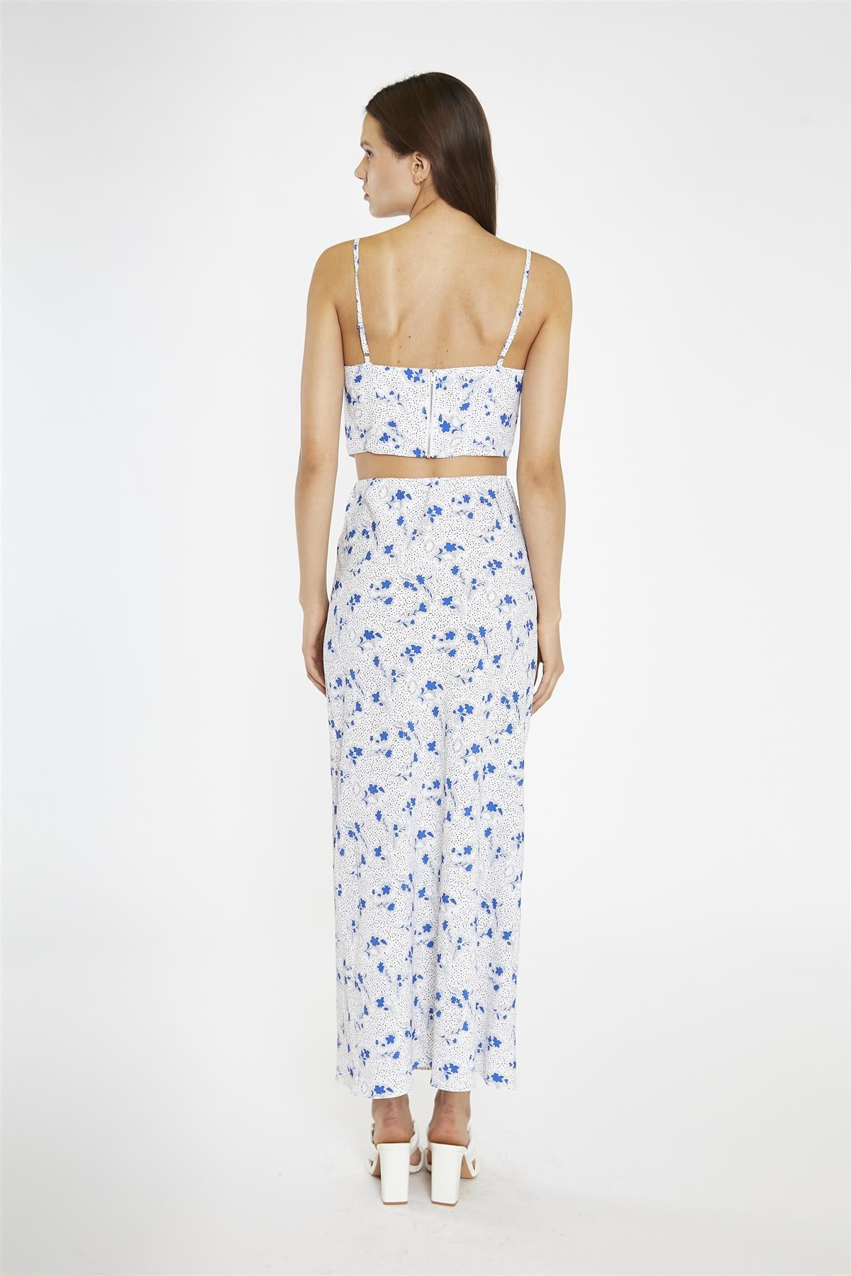 Blue-Dot Vintage-Floral Bias-Cut Midi-Skir