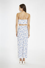 Blue-Dot Vintage-Floral Bias-Cut Midi-Skir