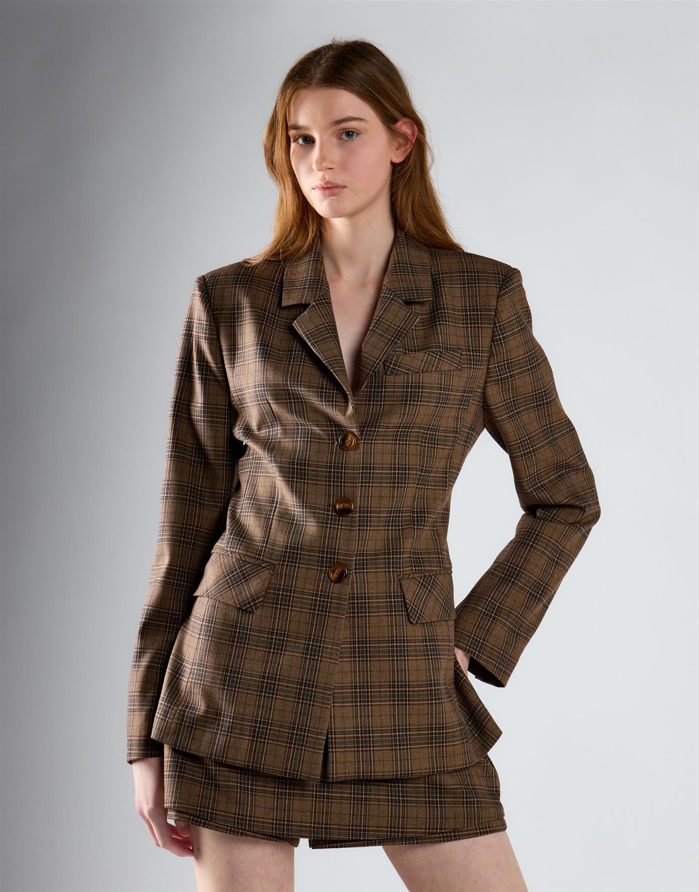 Brown Multi Check Button Front Blazer