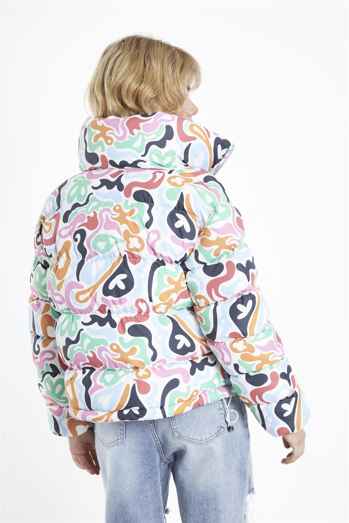 Multi Abstract Print Puffer Jacket