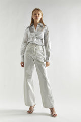 White Silver-Foil High-Waisted Wide-Leg Jeans