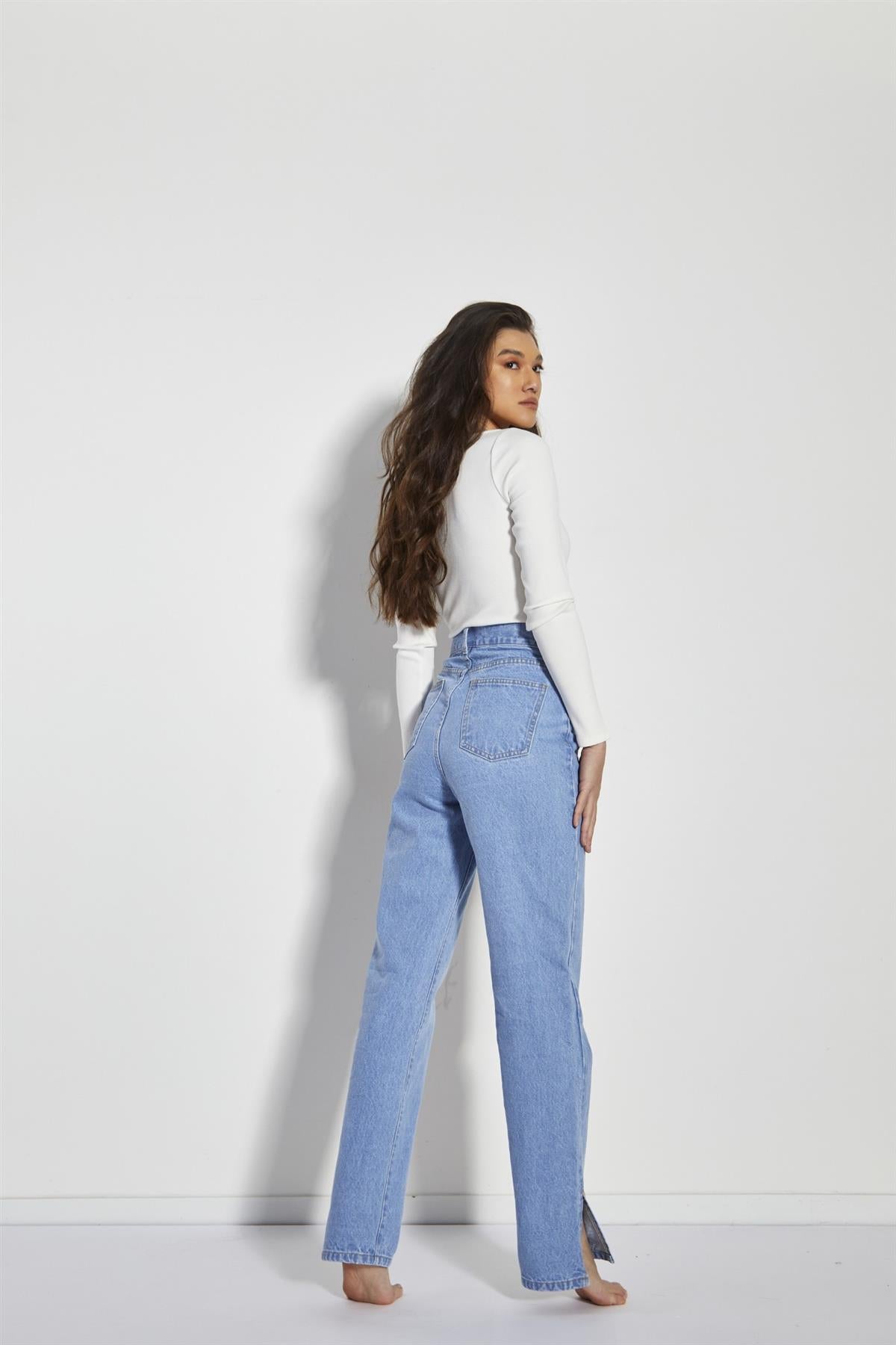 Womens Bright Bleach Blue High Waisted Straight Leg Jeans with Side Split