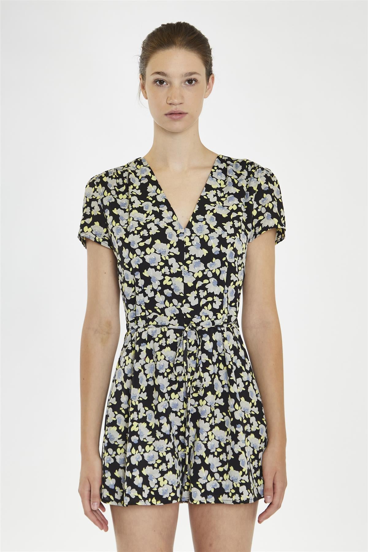 V Neck Short Sleeve Playsuit - Black Grey Flower