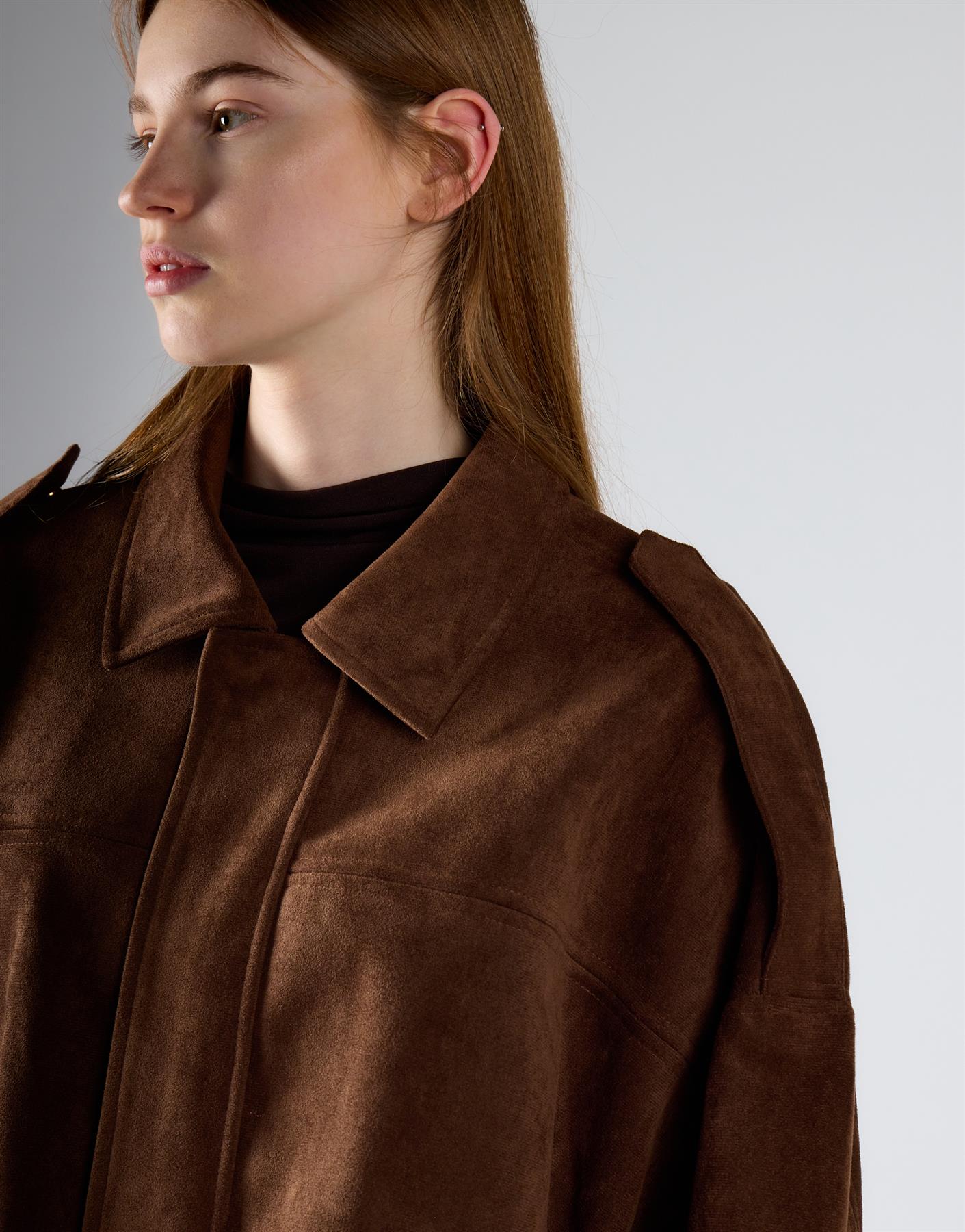 Brown Suede Boxy Collared Jacket