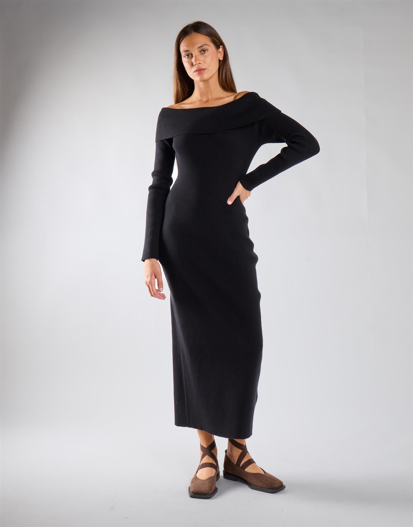 Black Bardot Knitted Maxi Dress