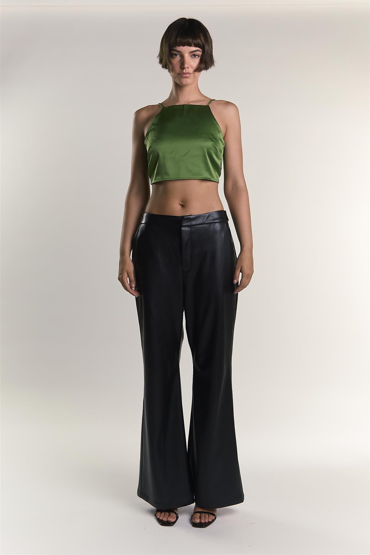 Dark Green Satin Back Tie Crop Top