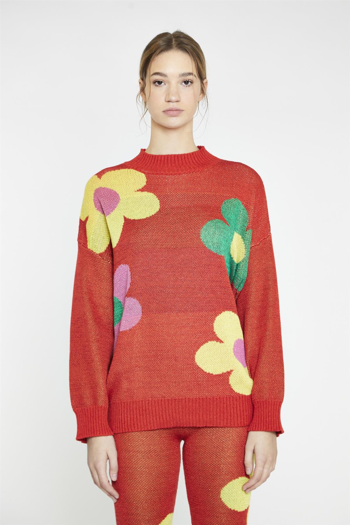 Red Multi Glitter Floral Oversized-Jumper
