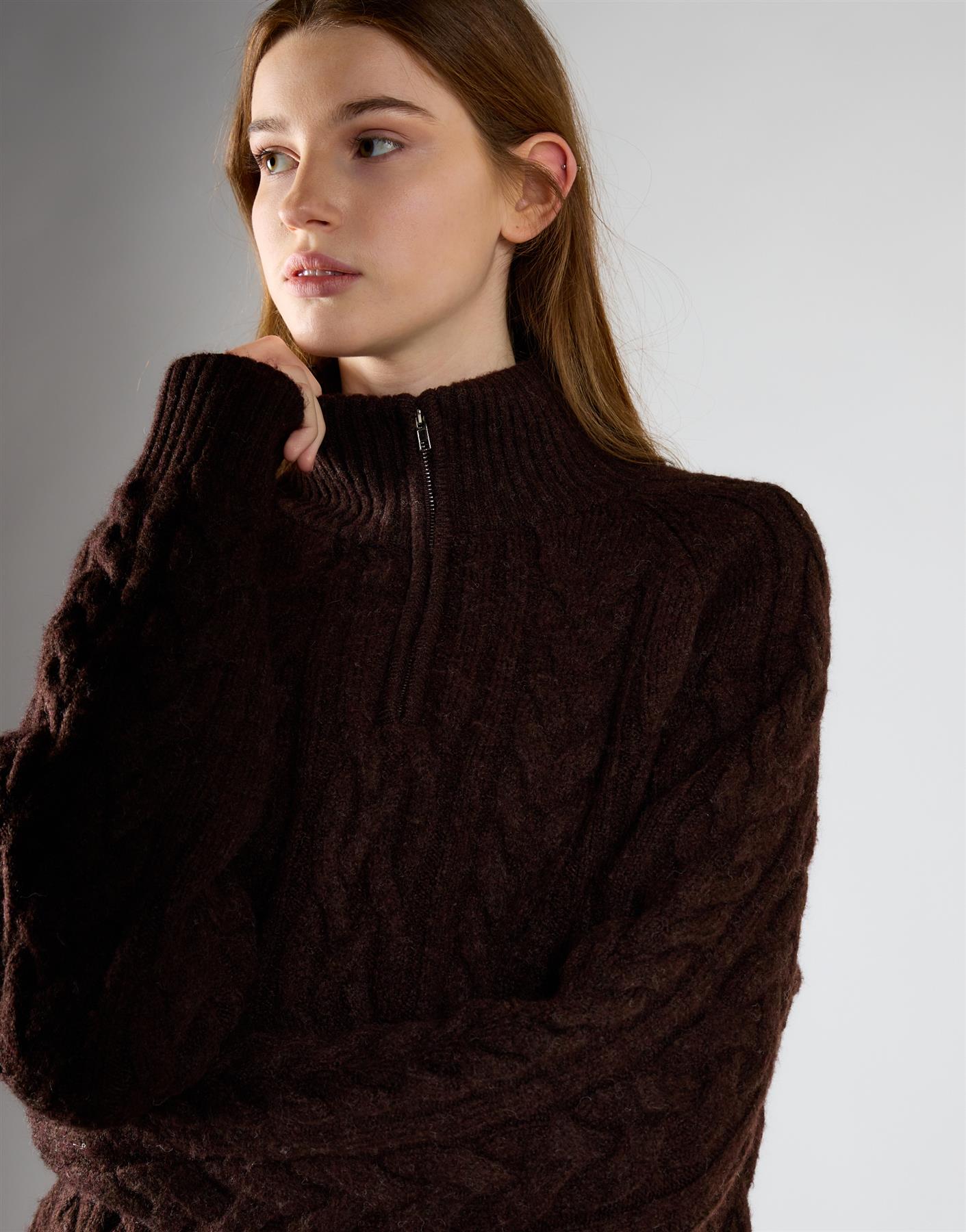 Dark Brown Marl Cable Knit Quarter Zip Jumper