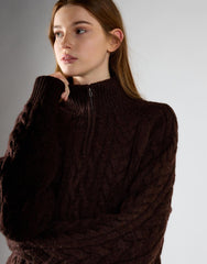 Dark Brown Marl Cable Knit Quarter Zip Jumper