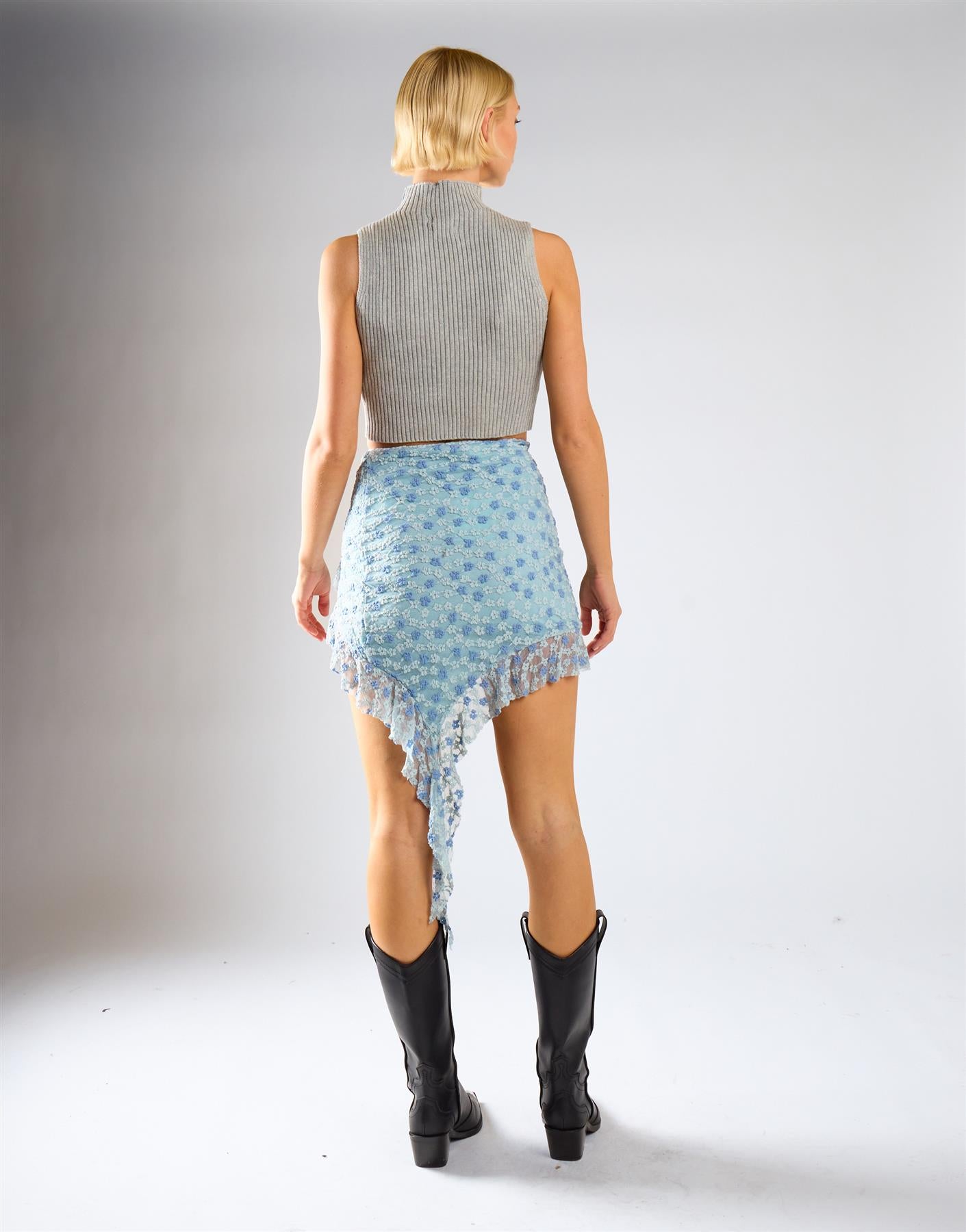 Light Blue Lace Mini Skirt With Frills