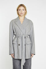 Grey Belted-Button-Front Oversized-Coat