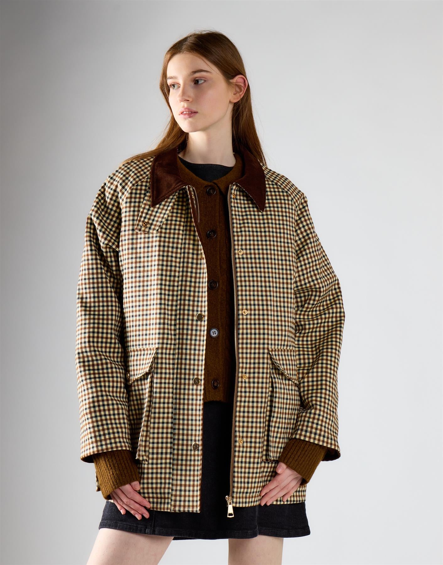 Cream Check Zip Up Collared Jacket