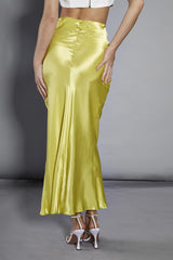 Lime Satin Flare Midi-Skirt