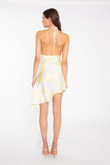 Yellow Print-Satin Asymmetric Cowl-Neck Mini-Dress