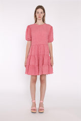 Textured-Rose Puff-Sleeve-Tiered Mini-Dress