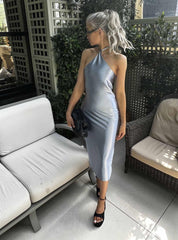 Steel Blue Halter Neck Bodycon Midi Dress