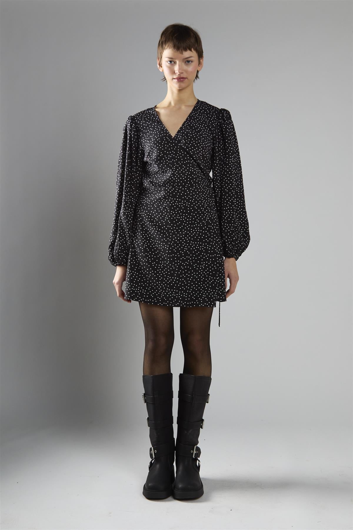 Black Polka Dot Wrap Mini Dress