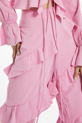 Candy Pink Asymmetric Ruffle Flared Trousers