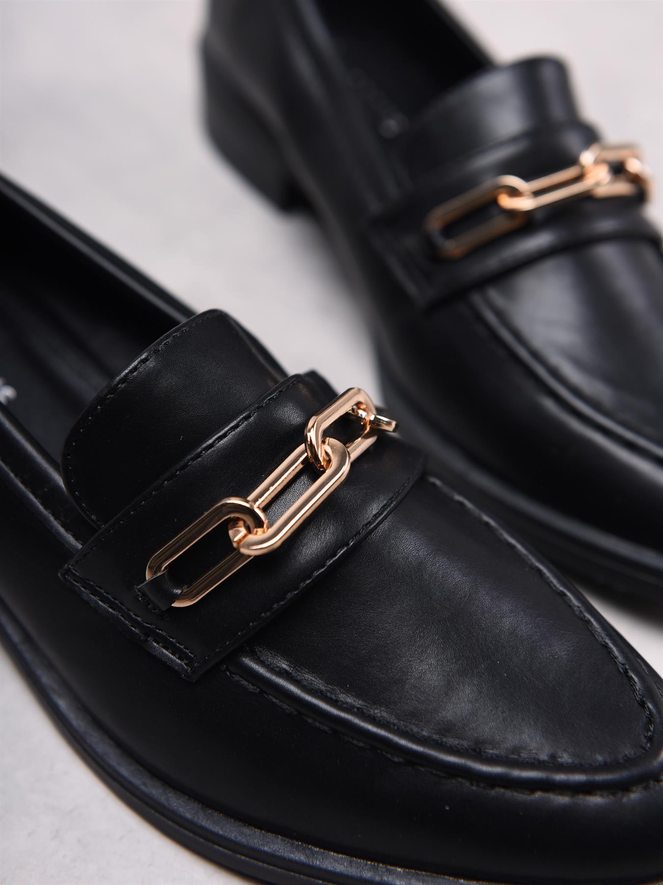 Black PU Gold Chain Detail Loafers