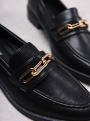 Black PU Gold Chain Detail Loafers