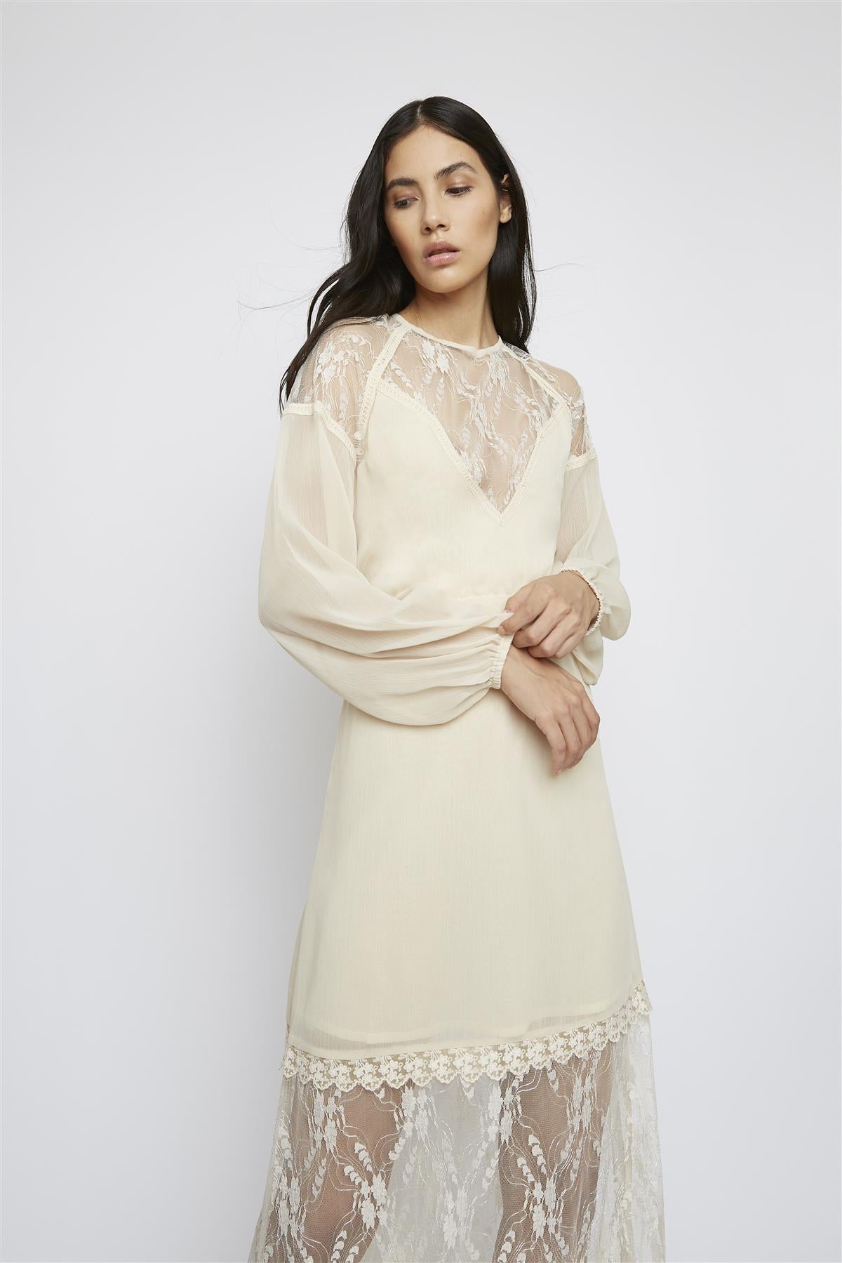 Champagne Lace-Detail Maxi-Dress