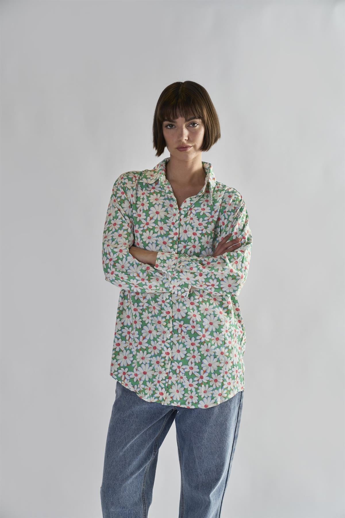 Green Daisy Collared Long Sleeve Tops