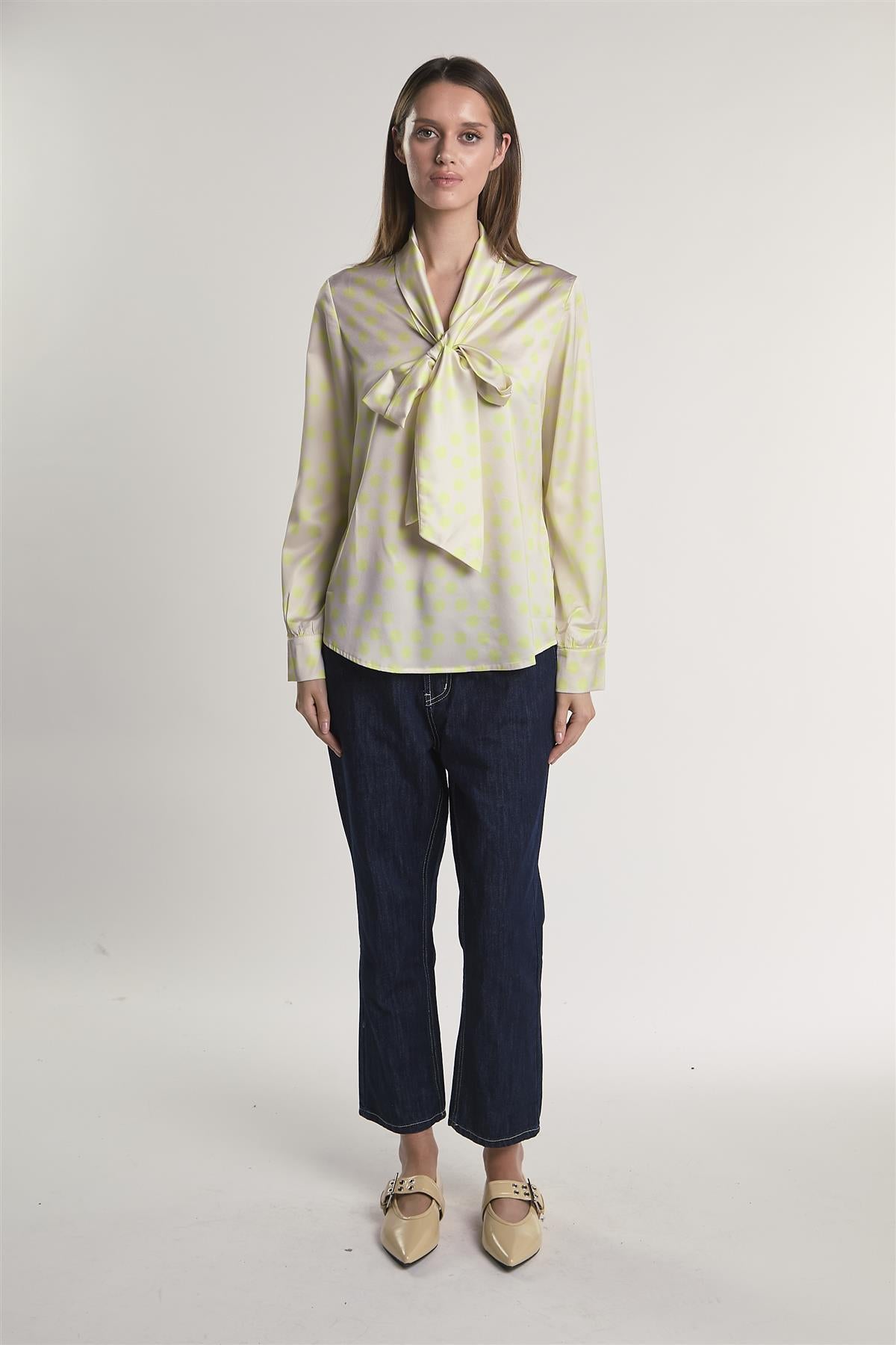 Yellow-Polka-Dot Front-Tie Long-Sleeve-Top