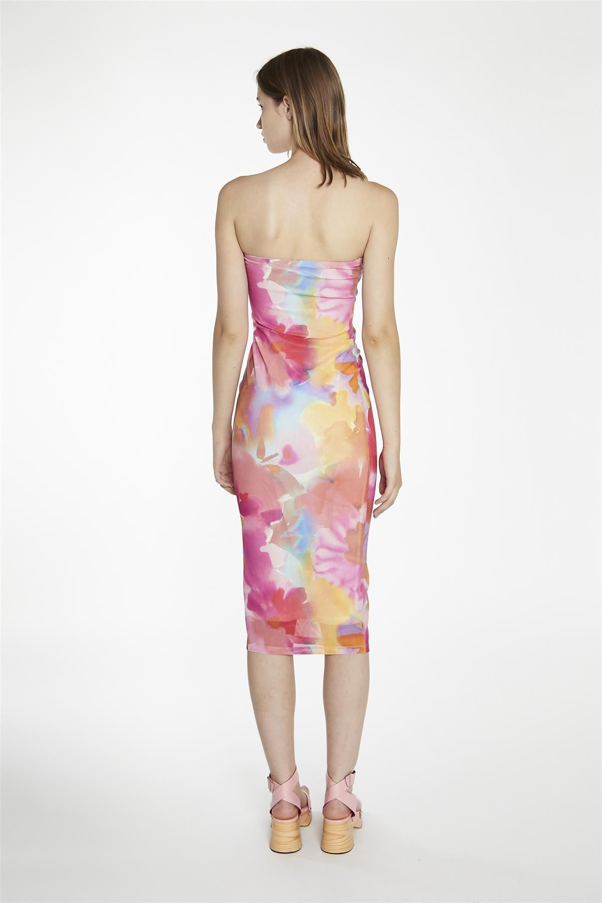 Bodycon Midi Dress - Multi Watercolour Flower