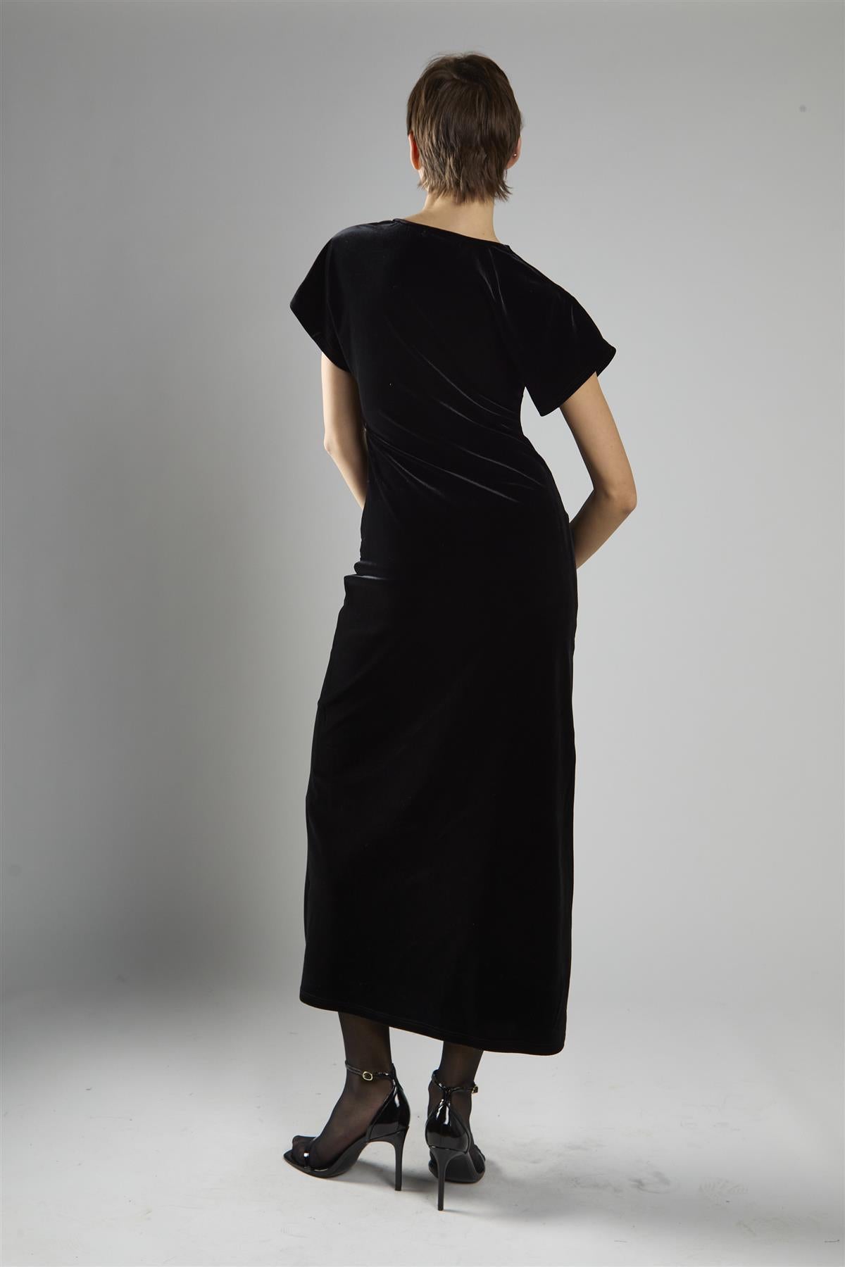 Black Velvet Short Sleeve V-Neck Maxi Dress