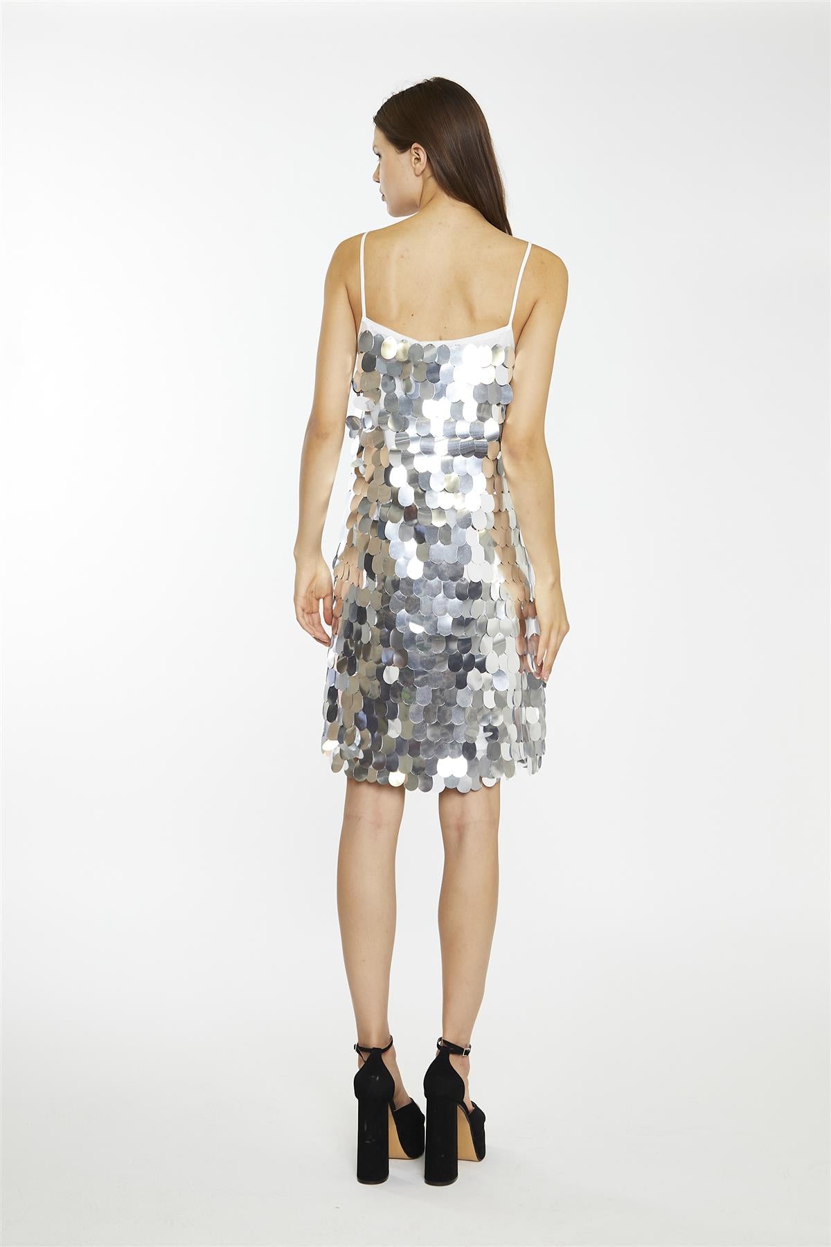 Large-Oval-Silver-Sequin Sleeves Mini-Dress