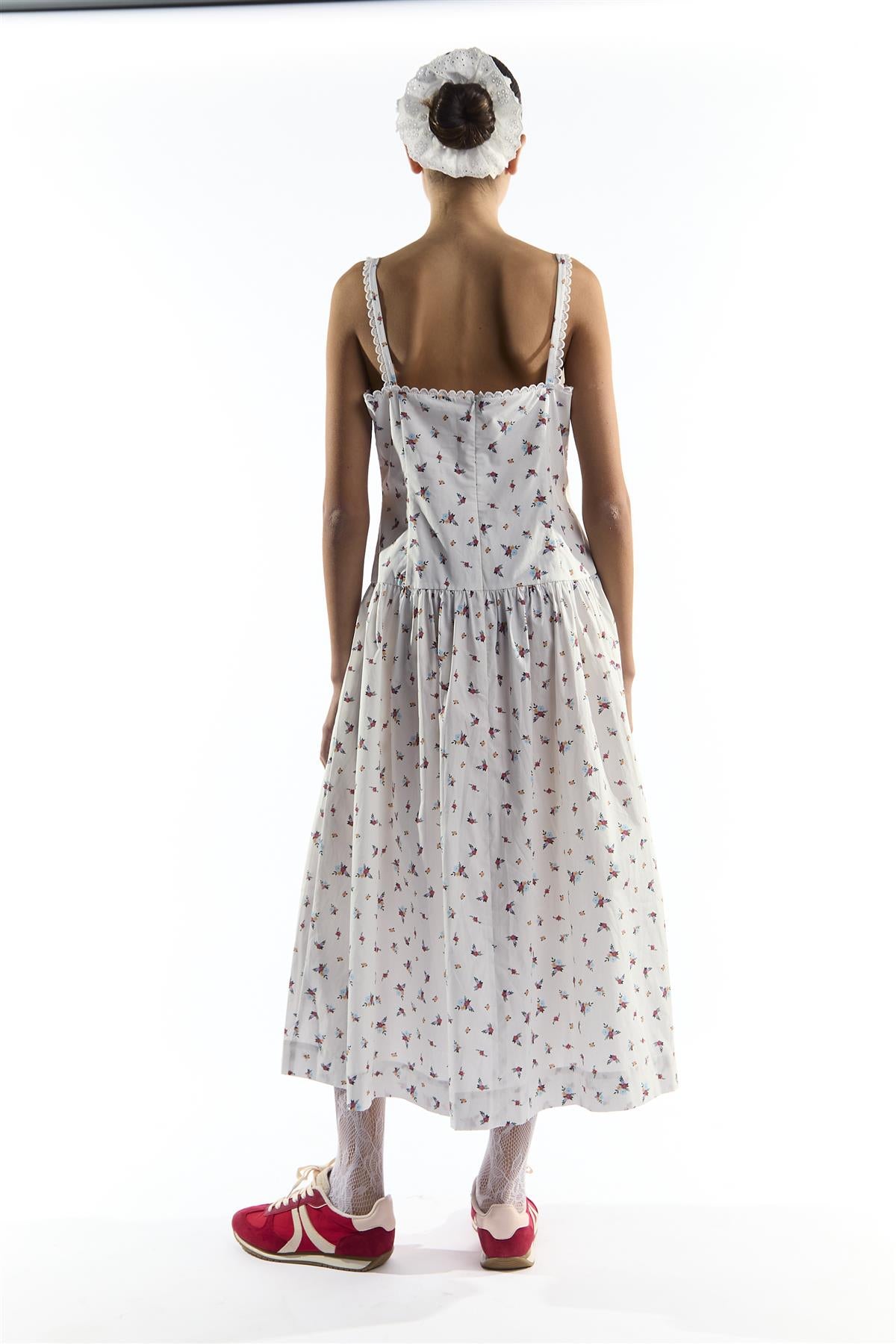 Dropped Waist Midi Dress with Trim in White Floral Colour