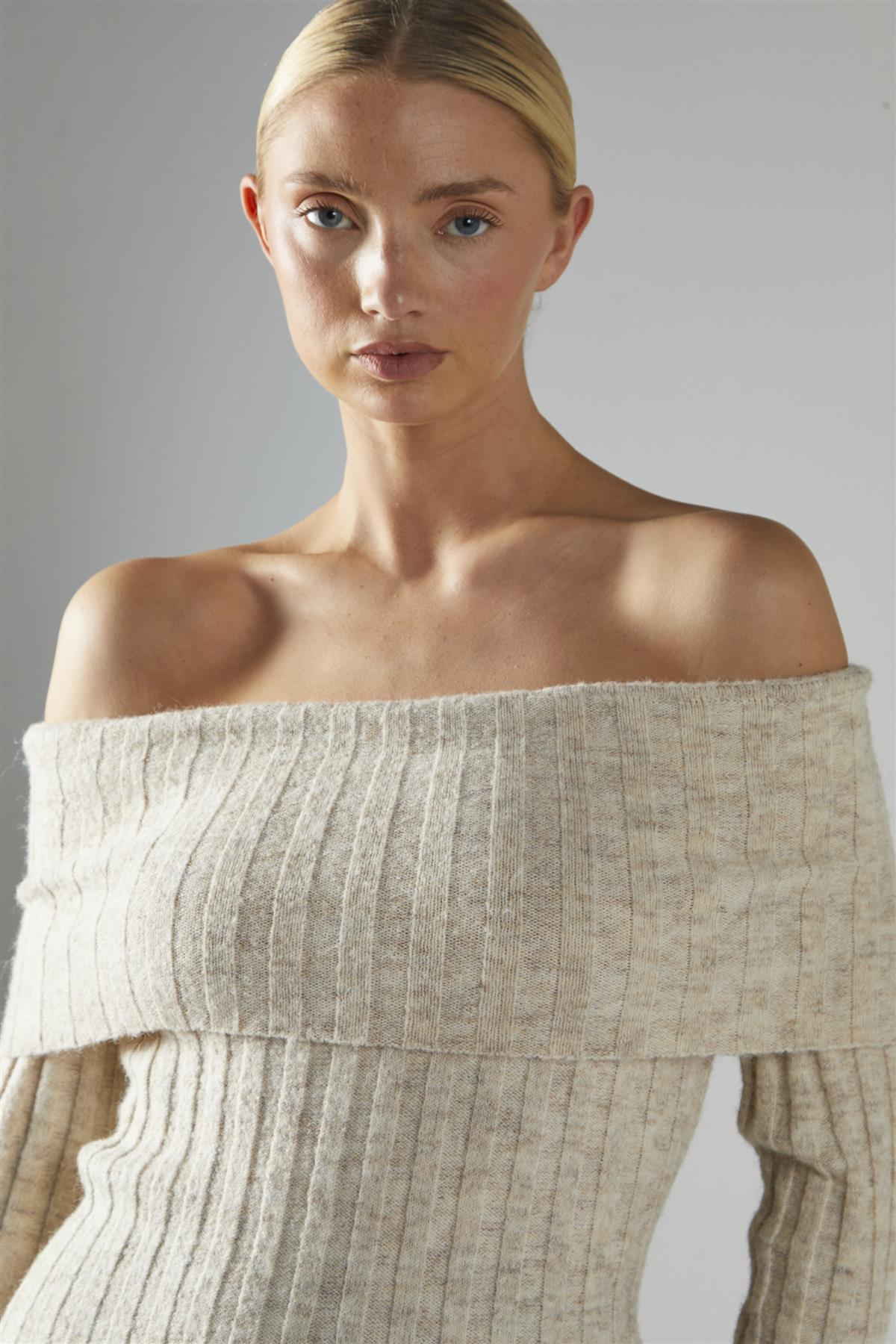 Stone-Marl Bardot-Knit Midi-Dress