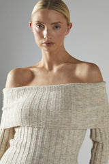 Stone-Marl Bardot-Knit Midi-Dress