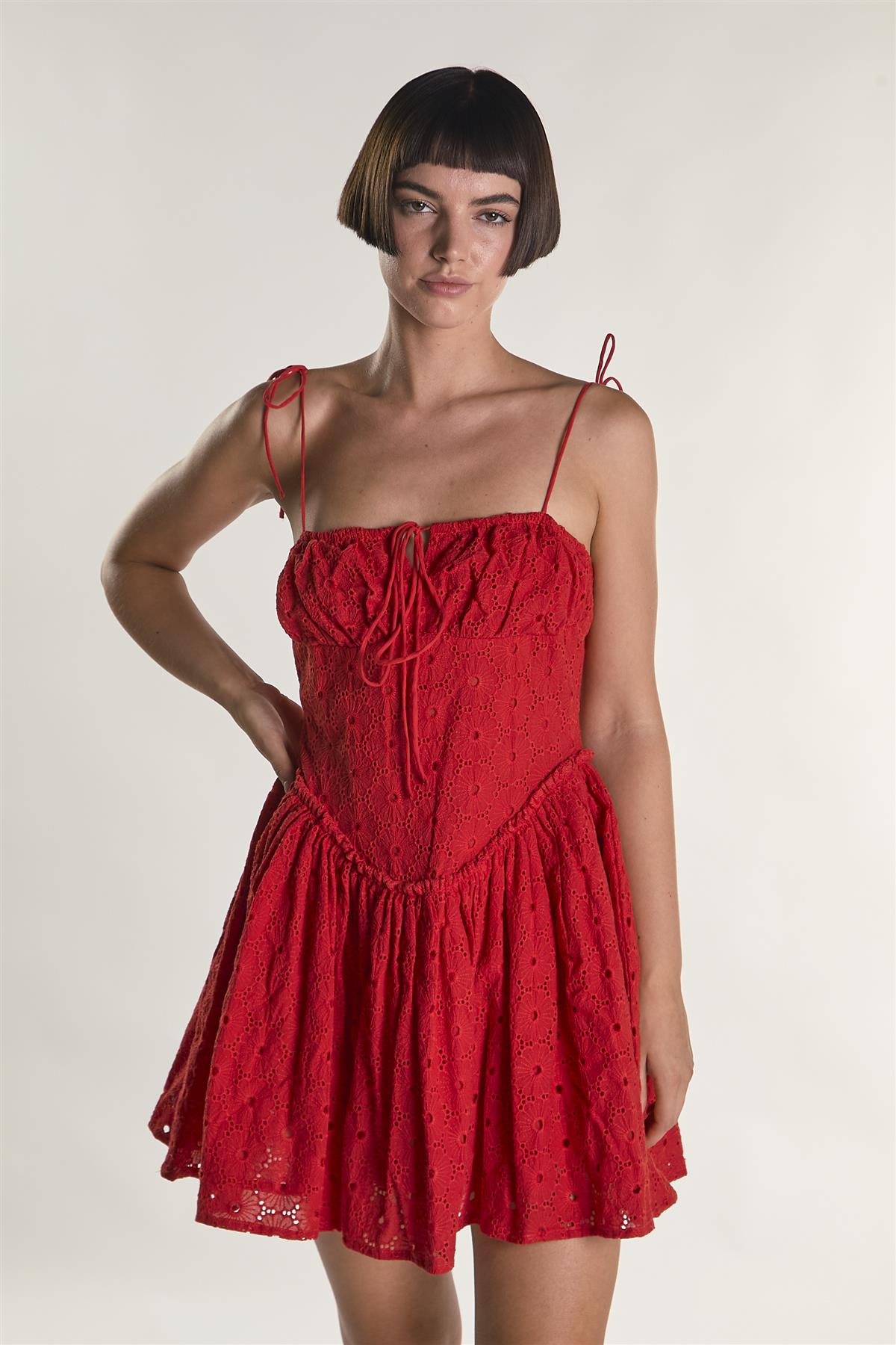 Red Broderie Tie Strap Mini Dress