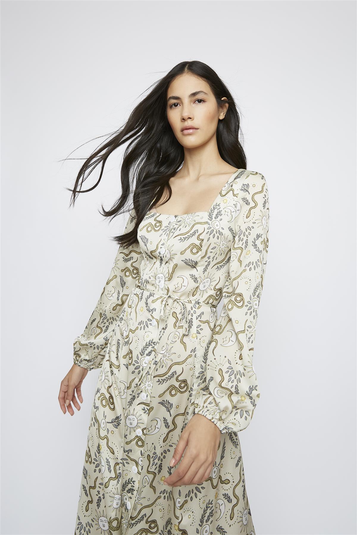 Stone-Sun-Moon Long-Puff-Sleeve-Button-Front Maxi-Dress