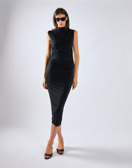 Black Sleeveless High-Neck Ruched Midi Bodycon Dress