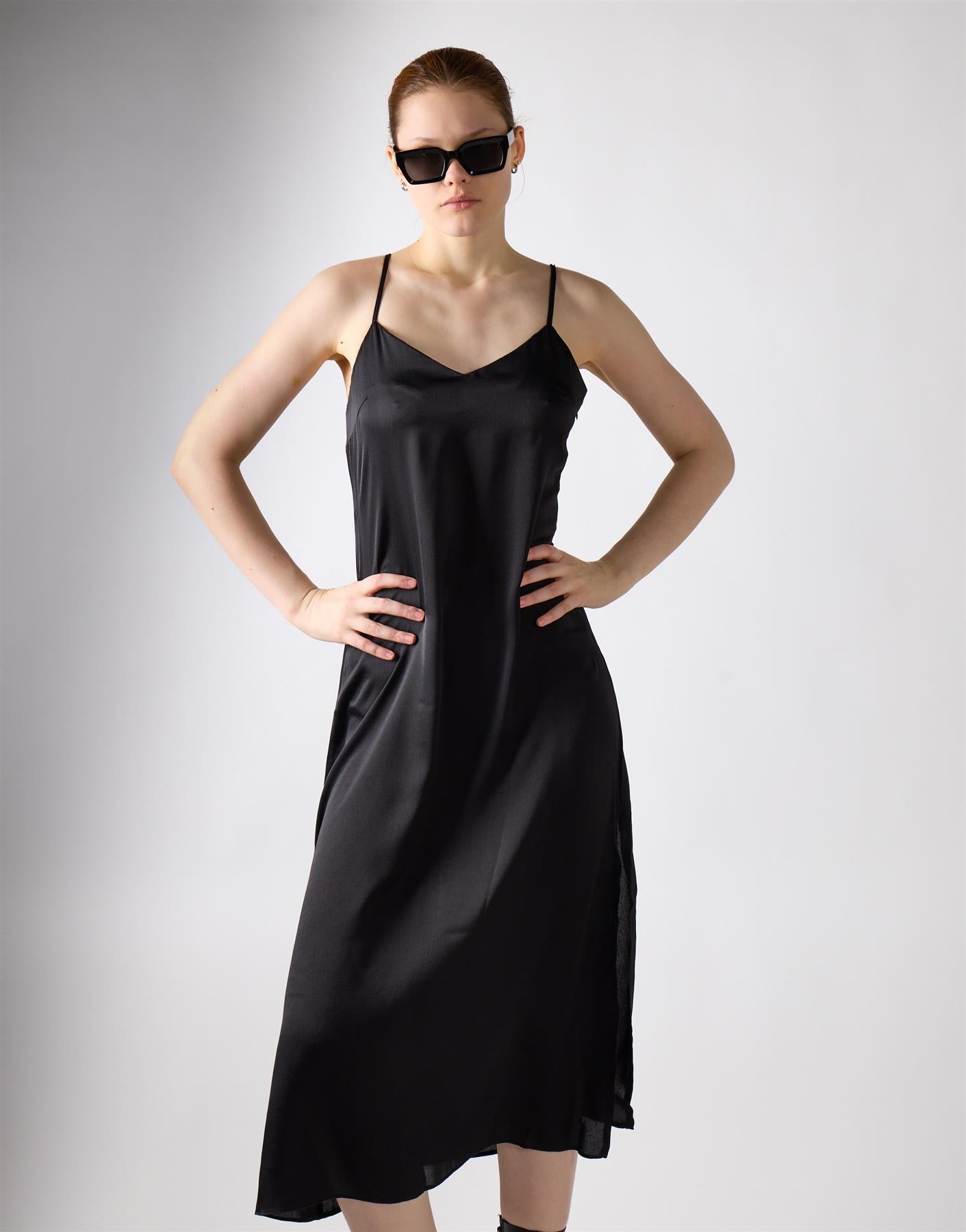 V-neck Open Back Midi Dress - Black Sateen