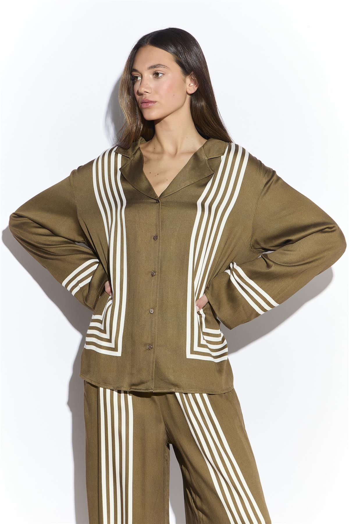 Olive Cream Stripe Button Front Shirt