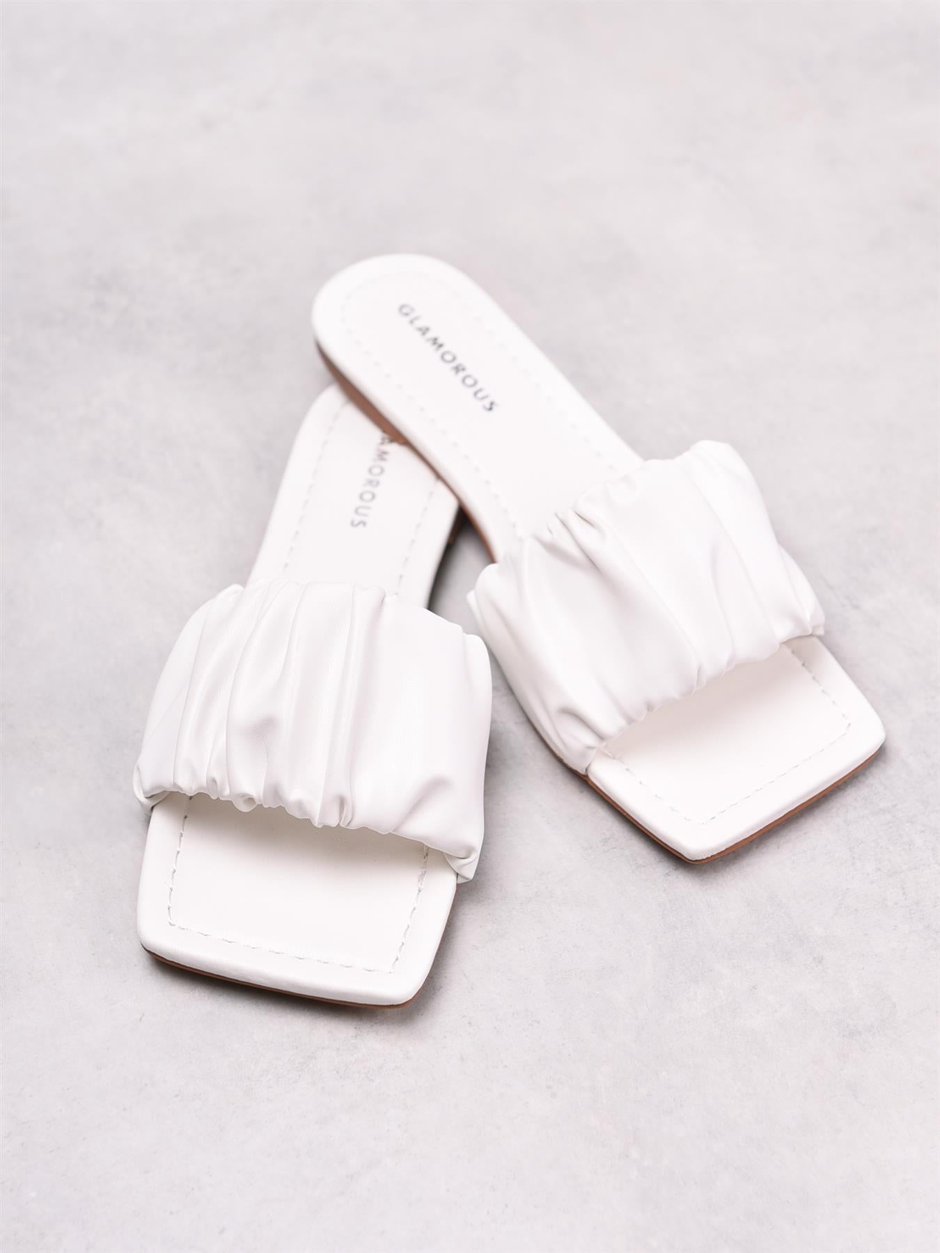 White Ruched Square Toe Sandals