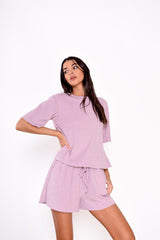 Lilac-Pink-Velour-Rib Round-Neck Short Sleeve-Top