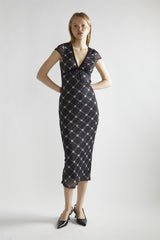 Black Rose Trellis Mesh  V-Neck Midaxi-Dress
