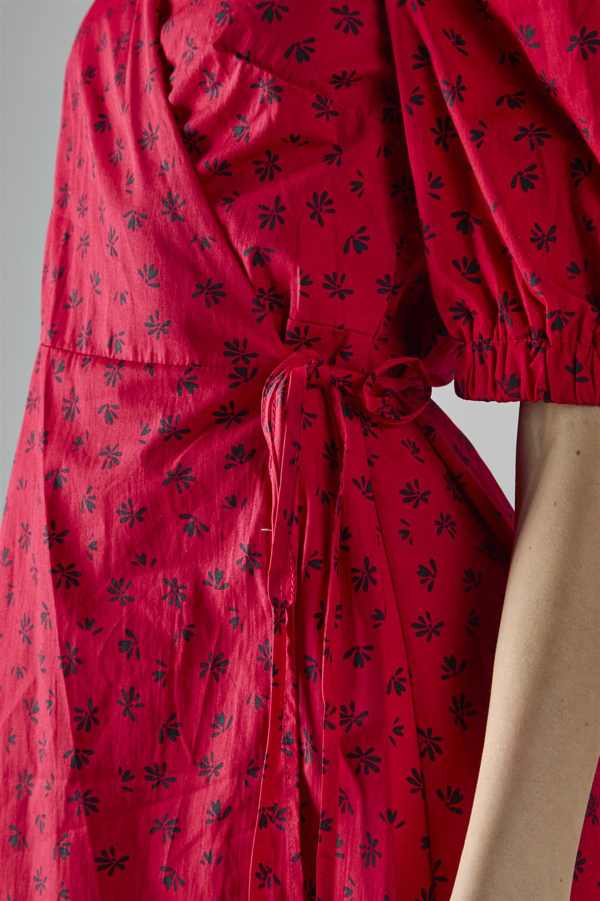 Red Ditsy V-Neck Wrap Midi-Dress