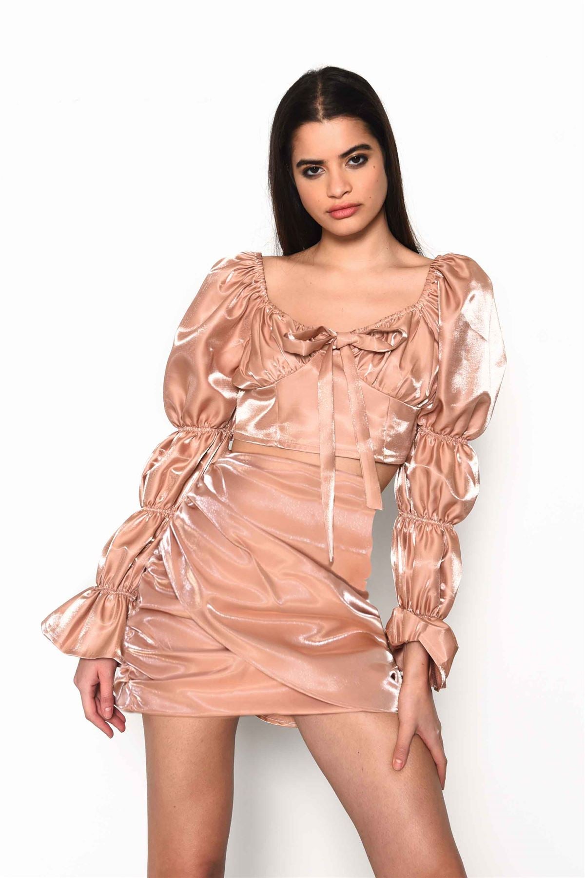 Nude Shimmer Draped Front Mini Skirt