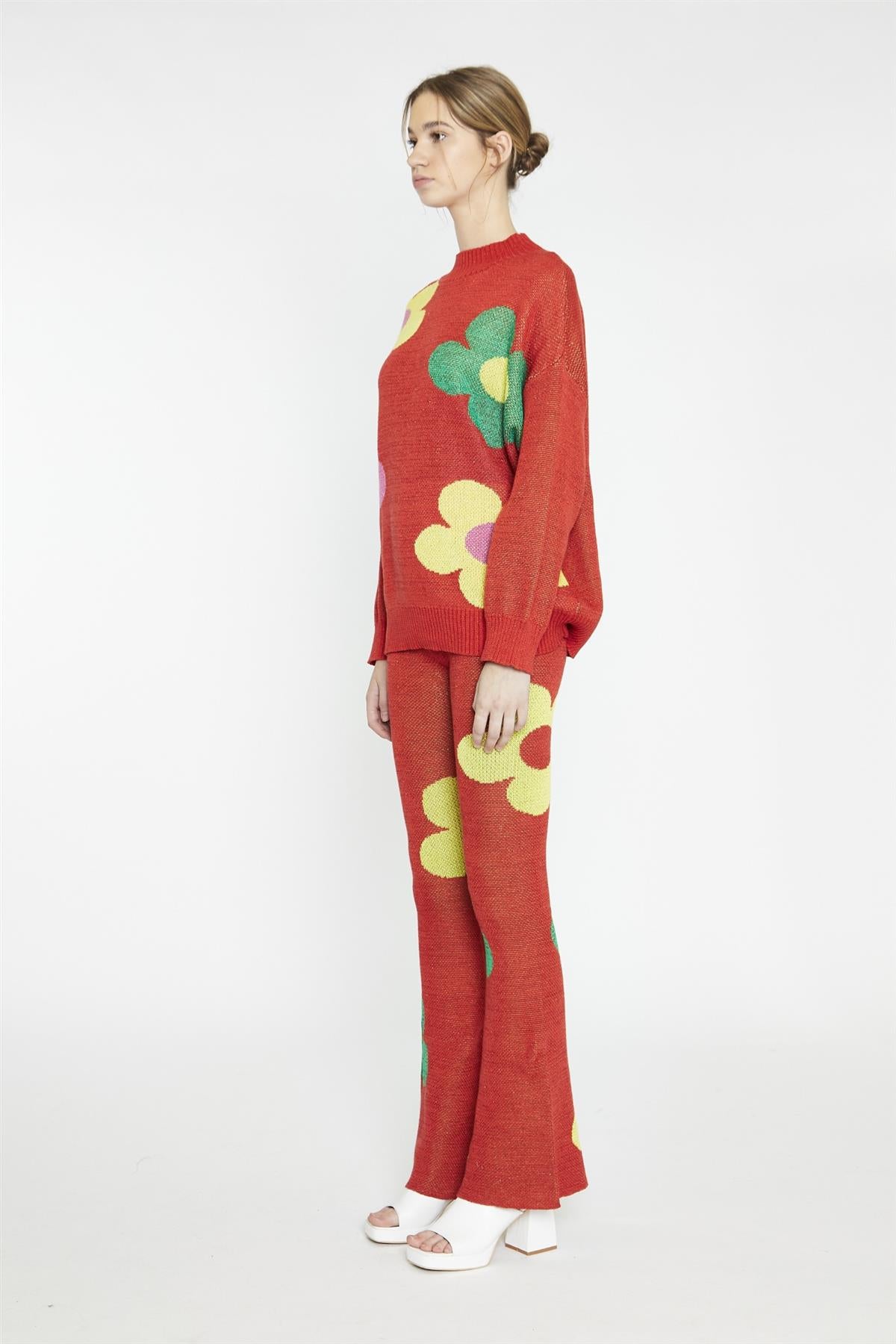 Red Multi Glitter Floral Oversized-Jumper