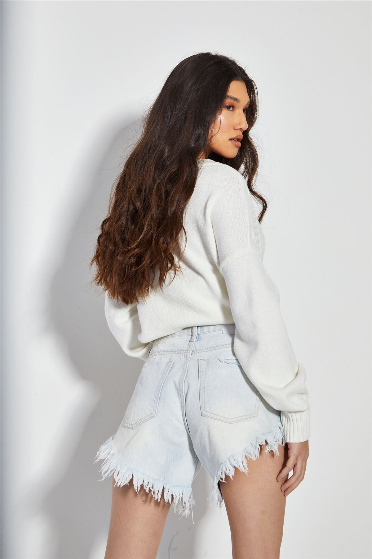 Bleached Raw Edge Denim High Waisted Shorts