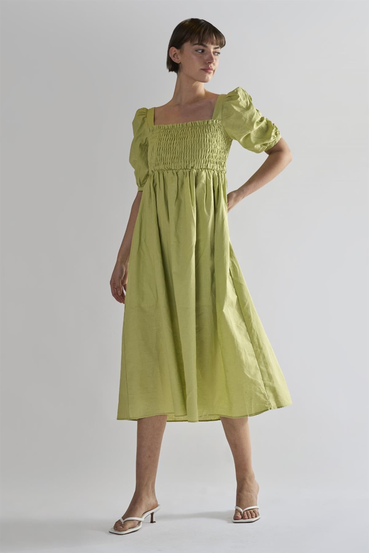 Pistachio Square Neck Short Sleeve Midi Dresses